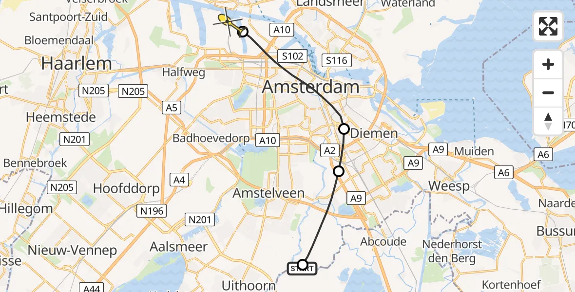 Routekaart van de vlucht: Lifeliner 1 naar Amsterdam Heliport, Molenwetering