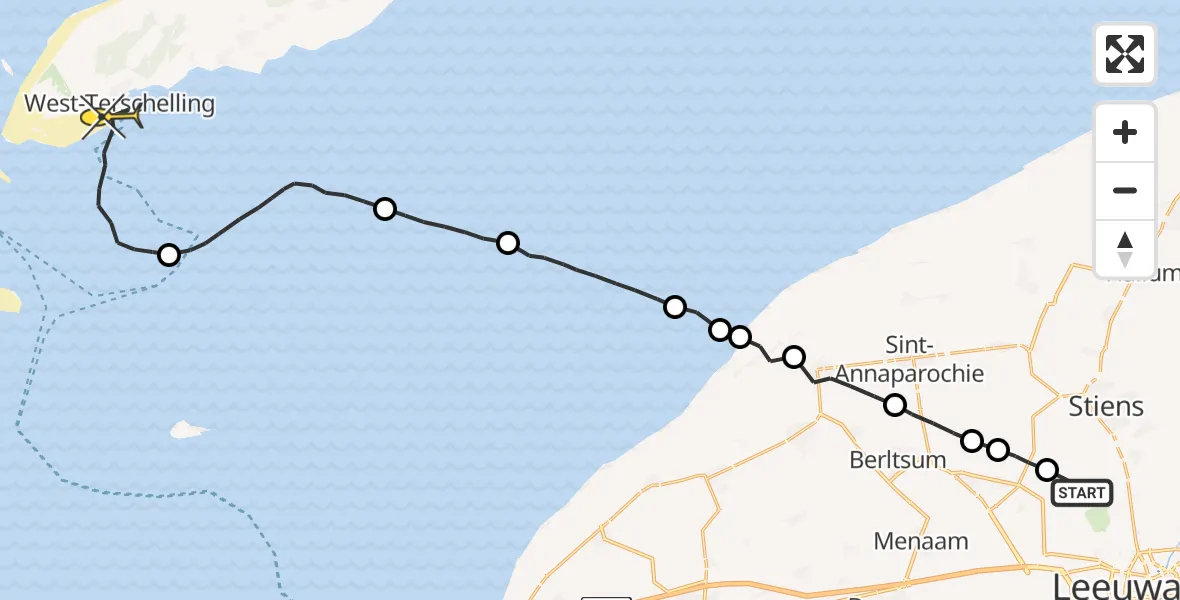 Routekaart van de vlucht: Ambulanceheli naar West-Terschelling, Hogerhuisdyk