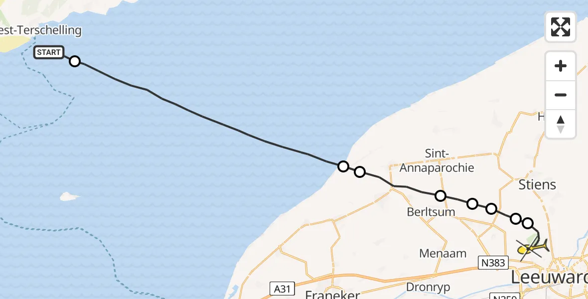 Routekaart van de vlucht: Ambulanceheli naar Vliegbasis Leeuwarden, Groote Plaat