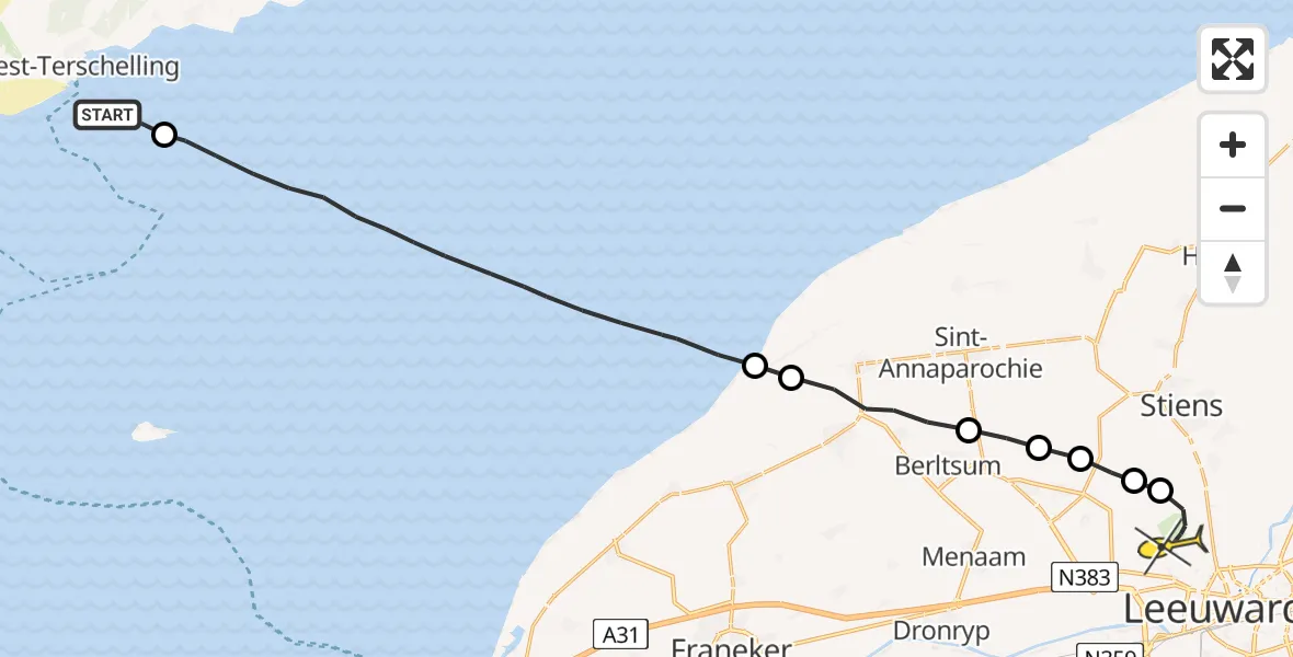 Routekaart van de vlucht: Ambulancehelikopter naar Vliegbasis Leeuwarden, Groote Plaat