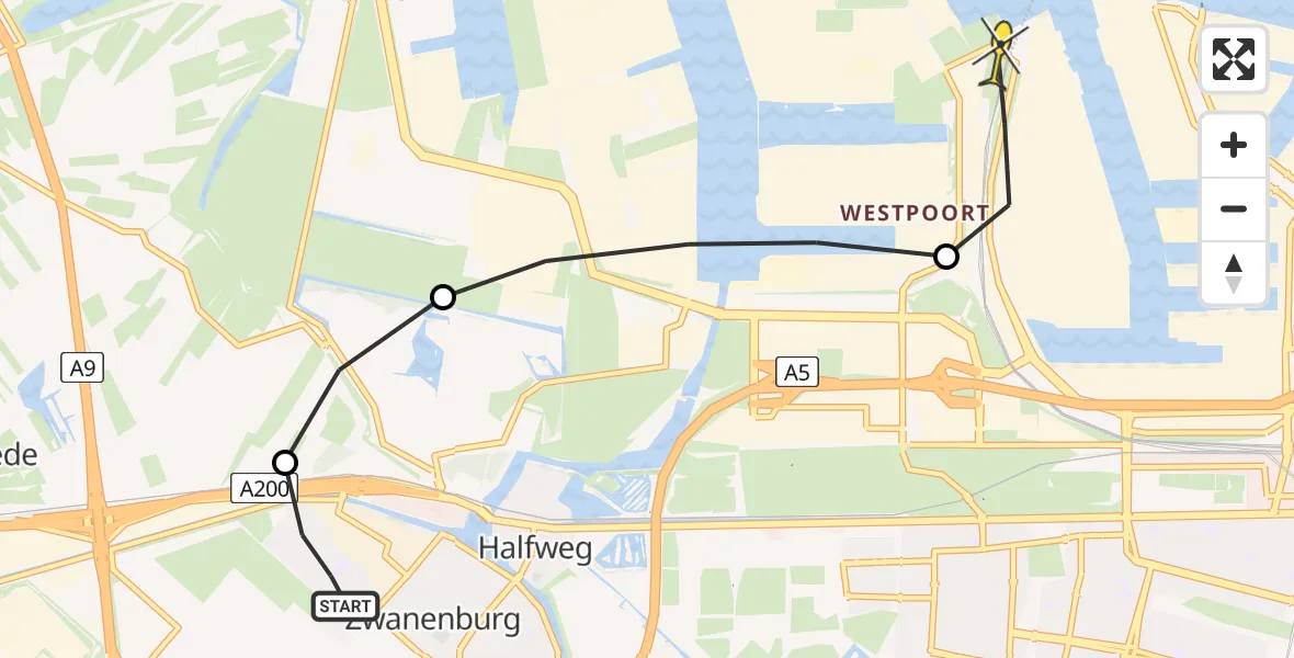 Routekaart van de vlucht: Lifeliner 1 naar Amsterdam Heliport, Batterijweg