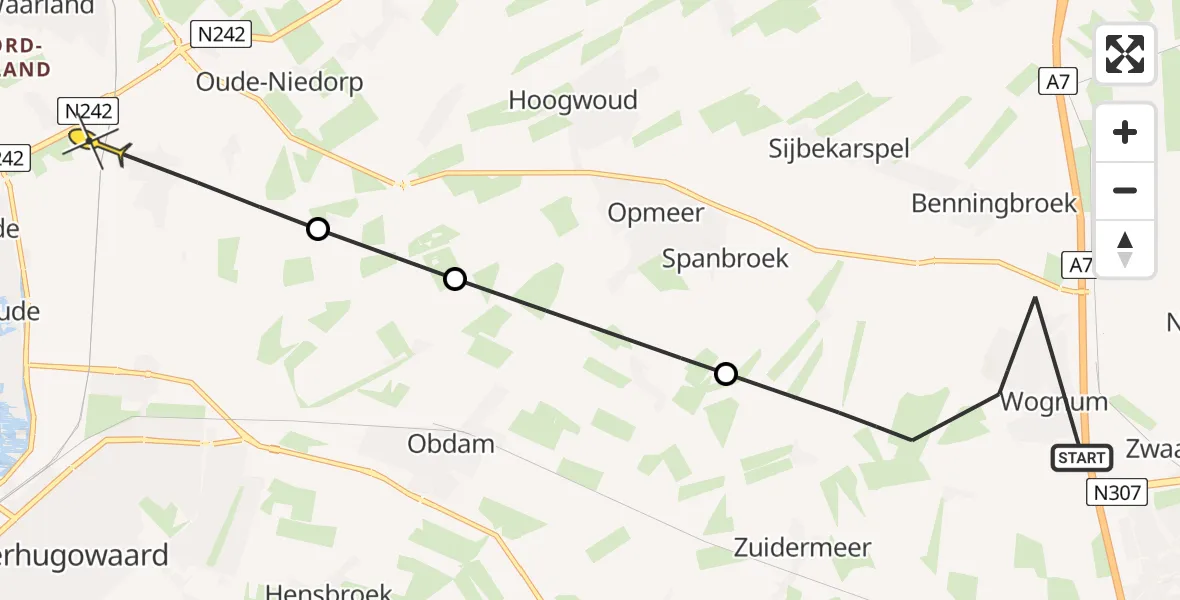 Routekaart van de vlucht: Politieheli naar Heerhugowaard, Nieuweweg