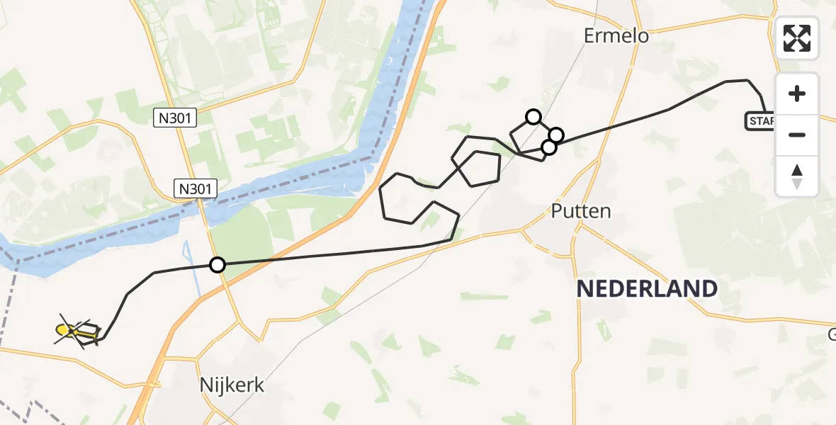 Routekaart van de vlucht: Politieheli naar Nijkerk, Drieërweg