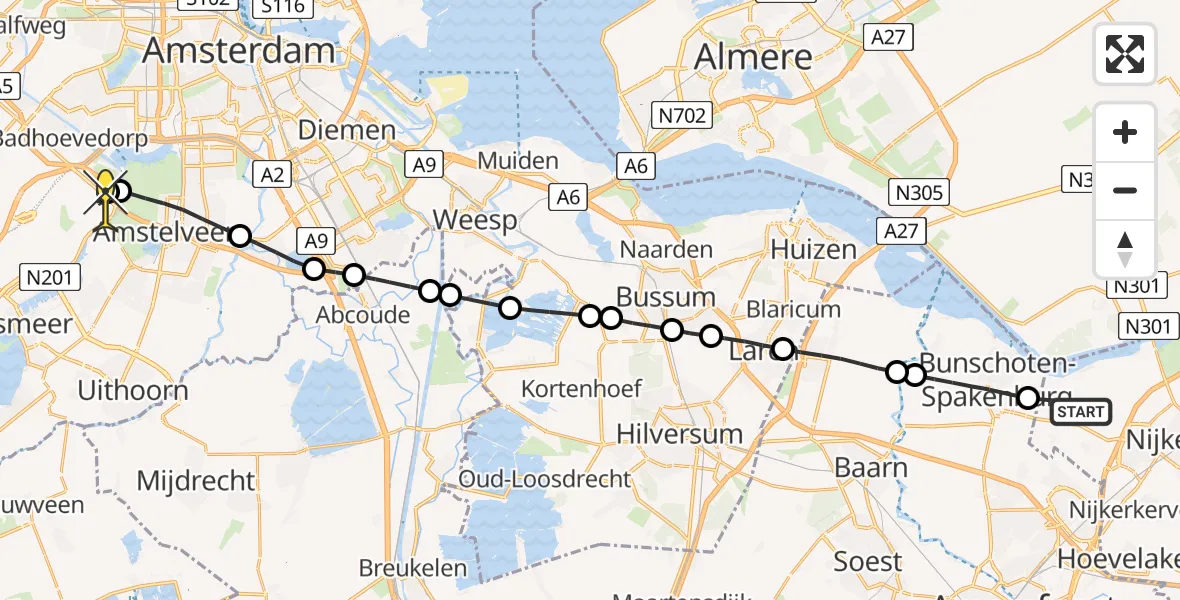 Routekaart van de vlucht: Politieheli naar Schiphol, Bontepoortsloot Zuid