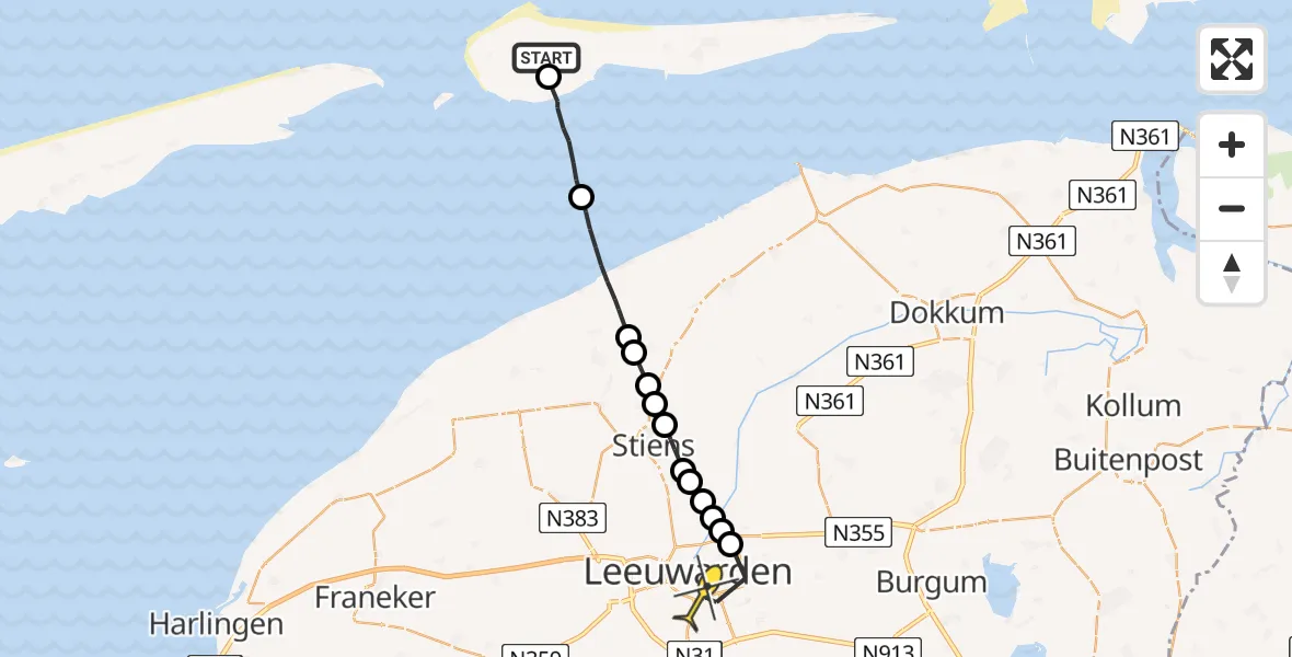 Routekaart van de vlucht: Ambulanceheli naar Leeuwarden, Jelmeraweg