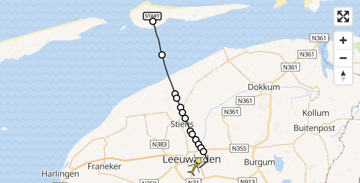 Routekaart van de vlucht: Ambulancehelikopter naar Leeuwarden, Jelmeraweg
