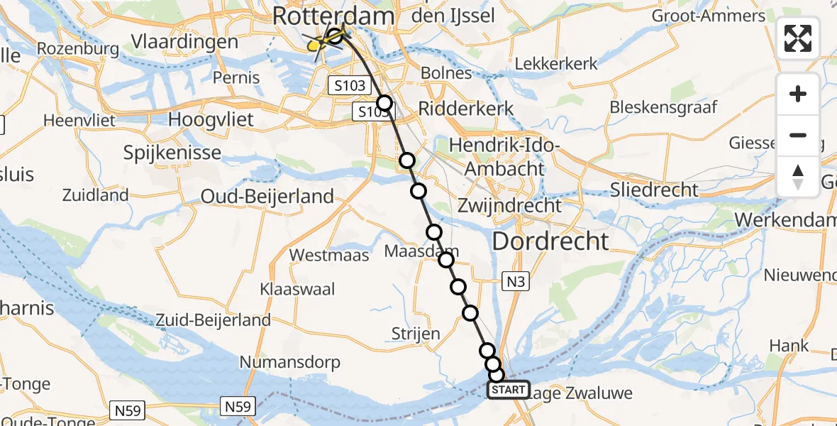 Routekaart van de vlucht: Lifeliner 2 naar Erasmus MC, Rijksstraatweg