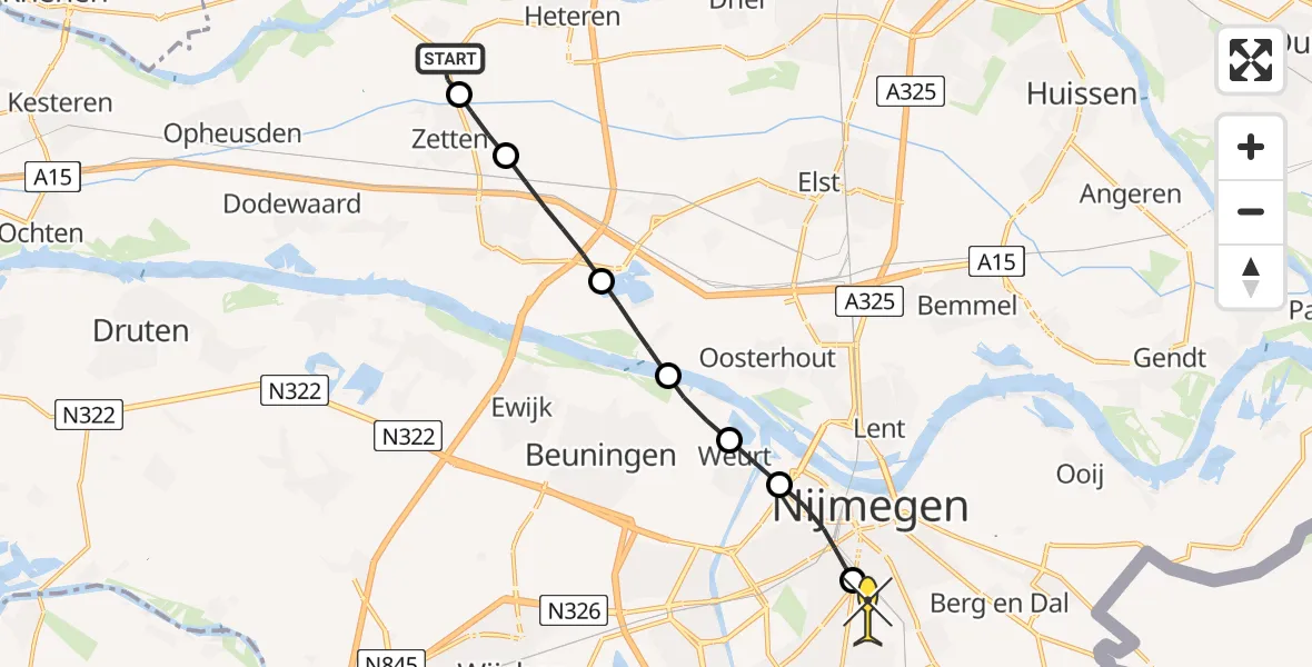 Routekaart van de vlucht: Lifeliner 3 naar Radboud Universitair Medisch Centrum, Wageningsestraat