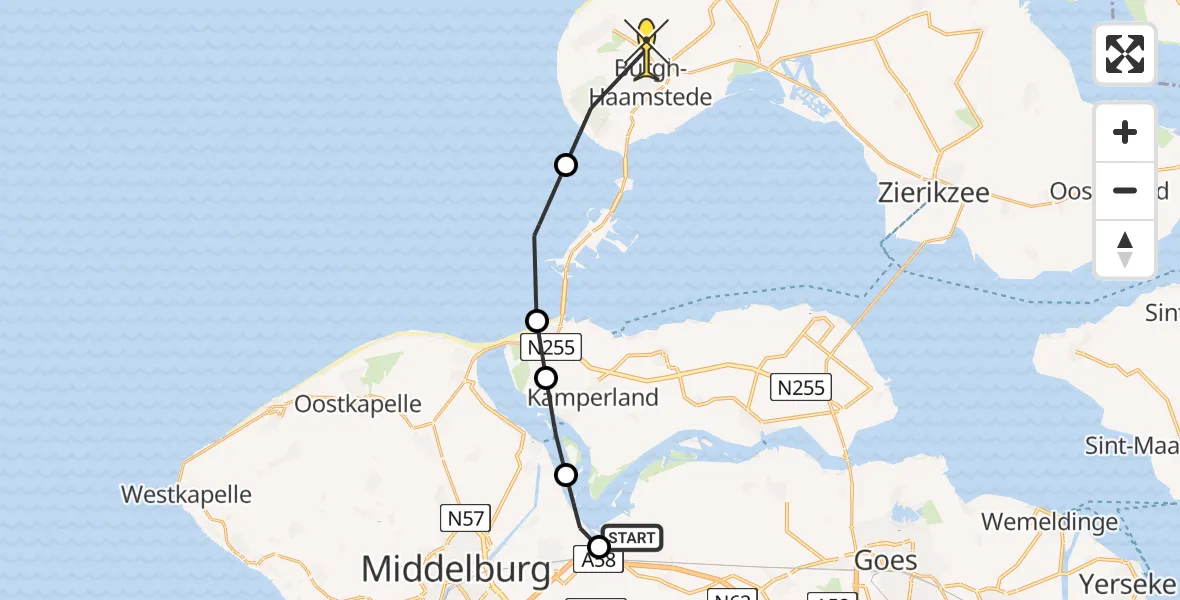 Routekaart van de vlucht: Kustwachthelikopter naar Burgh-Haamstede, Muidenweg