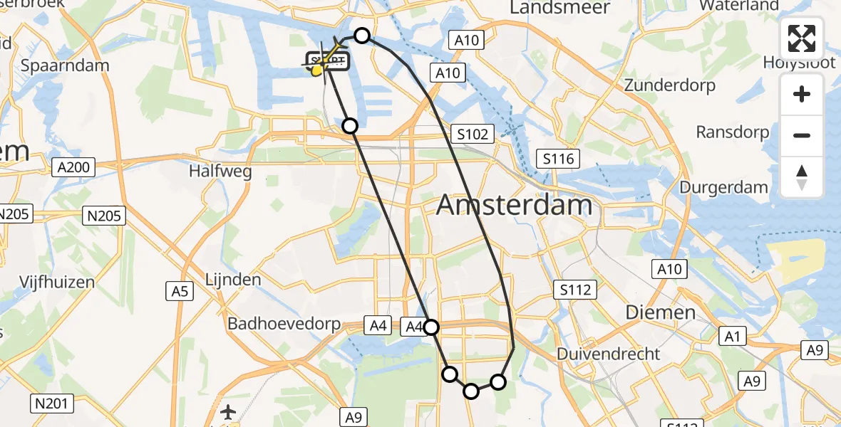 Routekaart van de vlucht: Lifeliner 1 naar Amsterdam Heliport, Corsicaweg