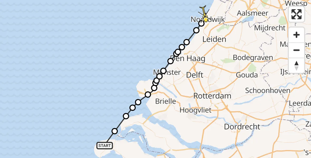 Routekaart van de vlucht: Kustwachthelikopter naar Noordwijk