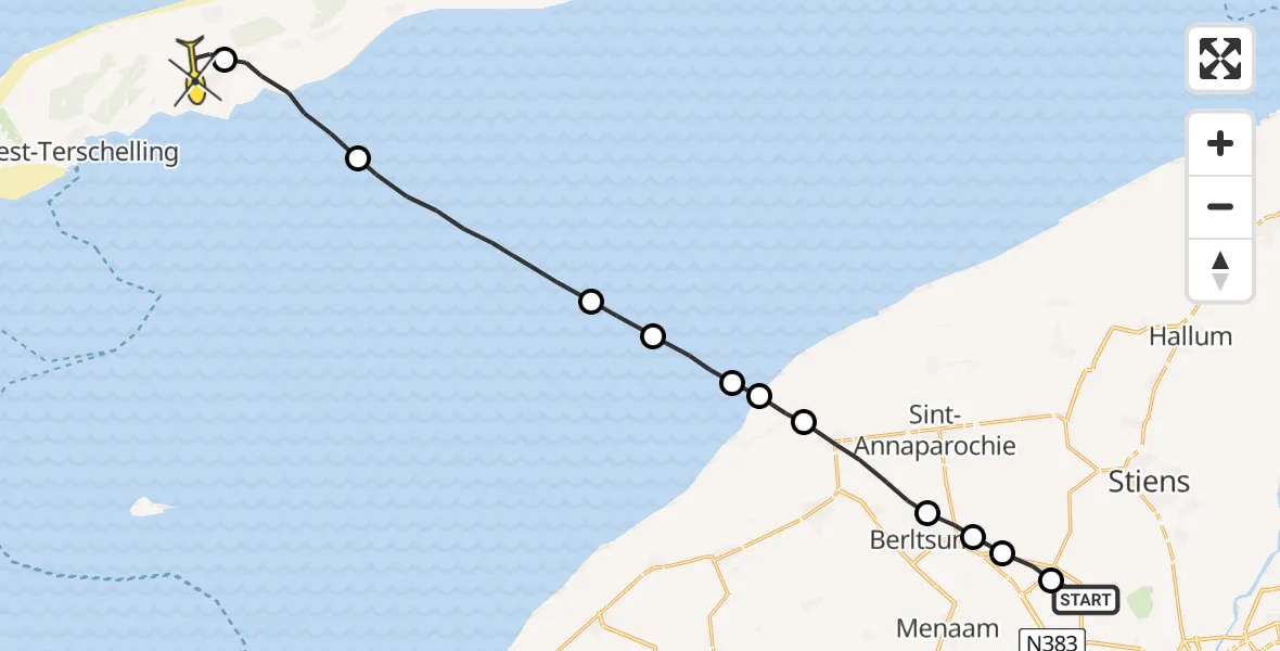 Routekaart van de vlucht: Ambulanceheli naar Midsland, Ingelumerdyk
