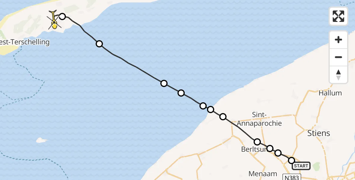 Routekaart van de vlucht: Ambulancehelikopter naar Midsland, Ingelumerdyk