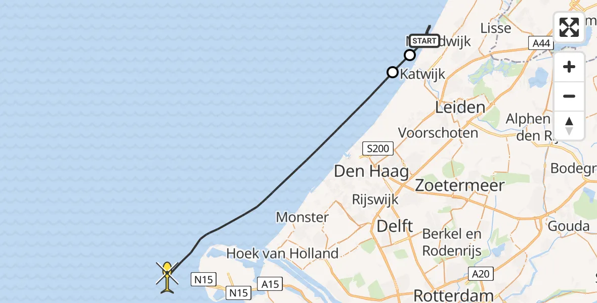 Routekaart van de vlucht: Kustwachthelikopter naar Koningin Wilhelmina Boulevard