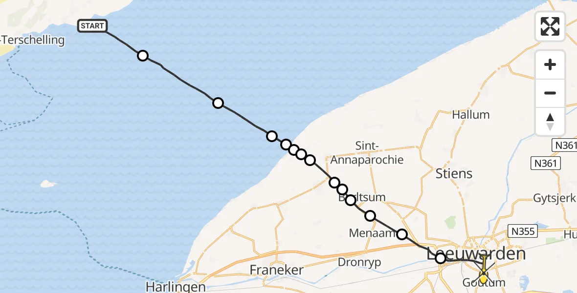 Routekaart van de vlucht: Ambulancehelikopter naar Leeuwarden, Aldlânsdyk