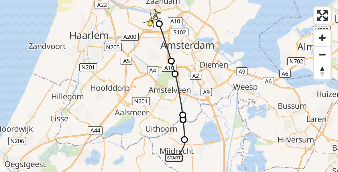 Routekaart van de vlucht: Lifeliner 1 naar Amsterdam Heliport, Doctor Schaepmanplantsoen