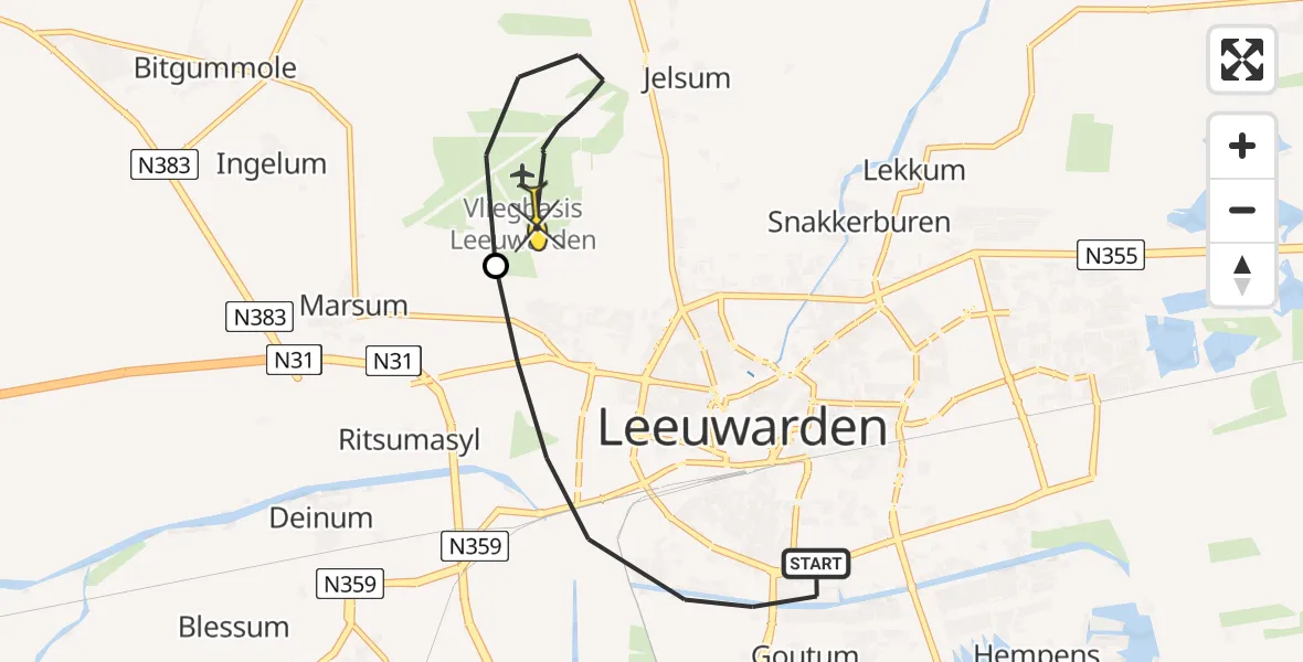 Vluchtroute Ambulancehelikopter van Leeuwarden naar Vliegbasis Leeuwarden