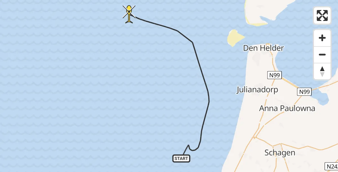 Routekaart van de vlucht: Kustwachthelikopter naar 