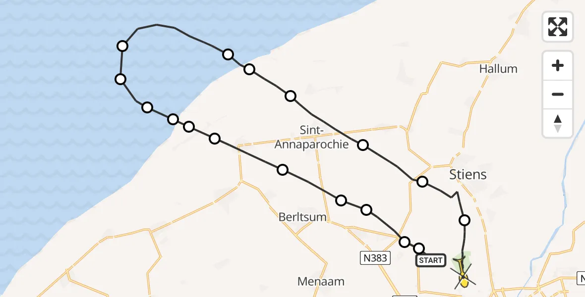Vluchtroute Ambulancehelikopter van Vliegbasis Leeuwarden naar Vliegbasis Leeuwarden