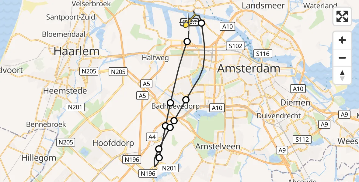 Routekaart van de vlucht: Lifeliner 1 naar Amsterdam Heliport, Hornweg