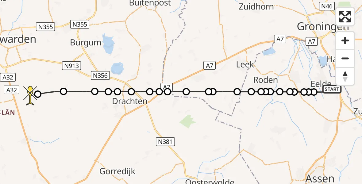 Routekaart van de vlucht: Lifeliner 4 naar Grou, Veldkampweg