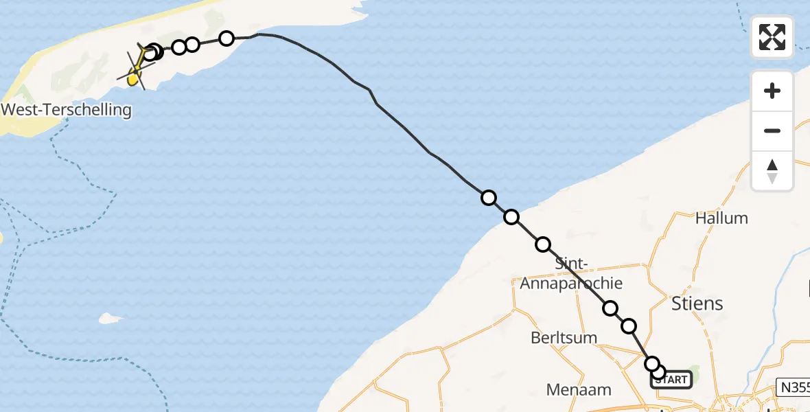 Routekaart van de vlucht: Ambulancehelikopter naar Midsland, Sirtemawei