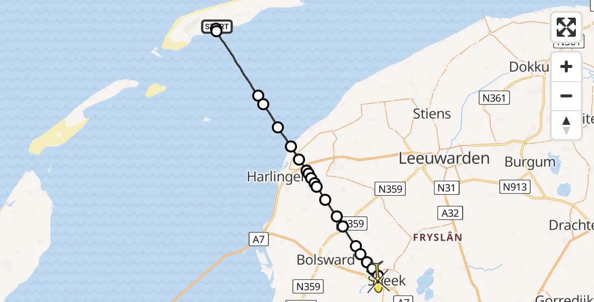 Routekaart van de vlucht: Ambulanceheli naar Sneek, Stortumerdijk