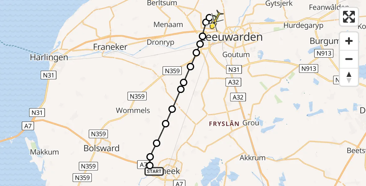 Routekaart van de vlucht: Ambulanceheli naar Vliegbasis Leeuwarden, Bluodderige Feart