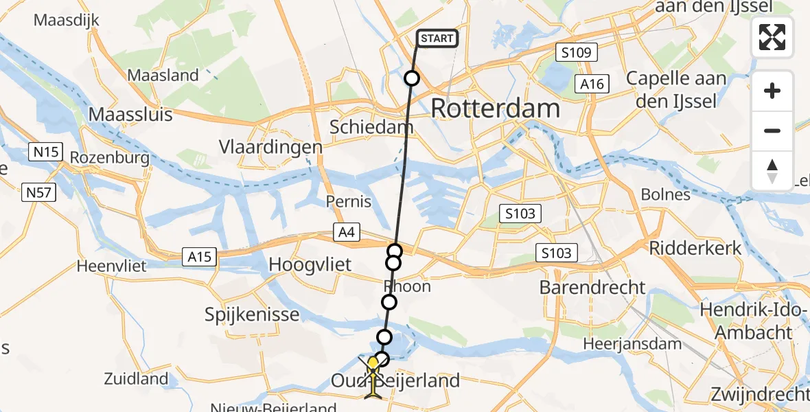 Routekaart van de vlucht: Lifeliner 2 naar Oud-Beijerland, Schielandstraat