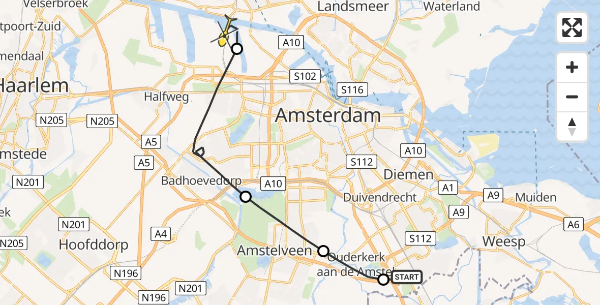 Routekaart van de vlucht: Lifeliner 1 naar Amsterdam Heliport, Holendrechterzijweg