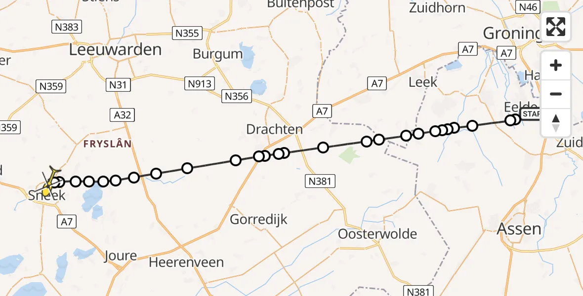 Routekaart van de vlucht: Lifeliner 4 naar Sneek, Veldkampweg