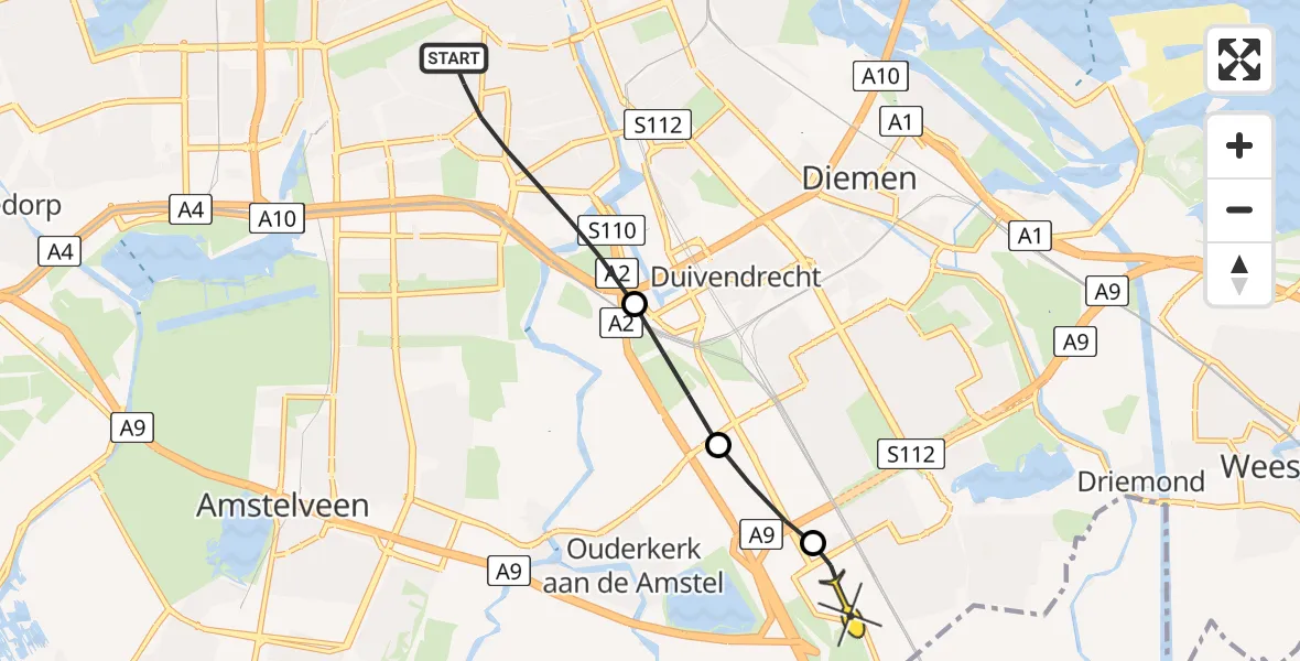 Routekaart van de vlucht: Lifeliner 1 naar Academisch Medisch Centrum (AMC), Scheldestraat