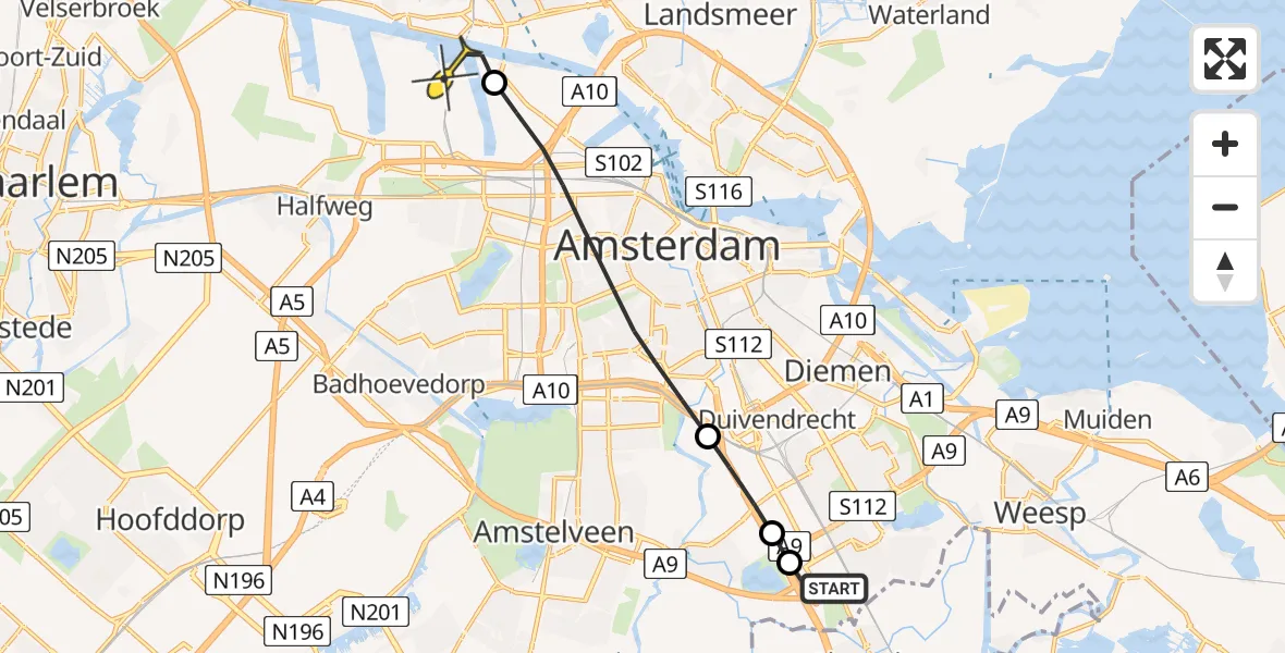 Routekaart van de vlucht: Lifeliner 1 naar Amsterdam Heliport, Capriweg