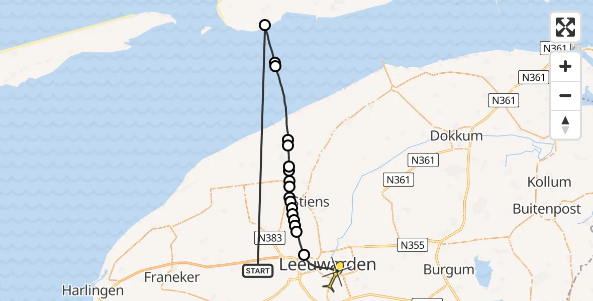 Routekaart van de vlucht: Ambulanceheli naar Leeuwarden, Uitwatering