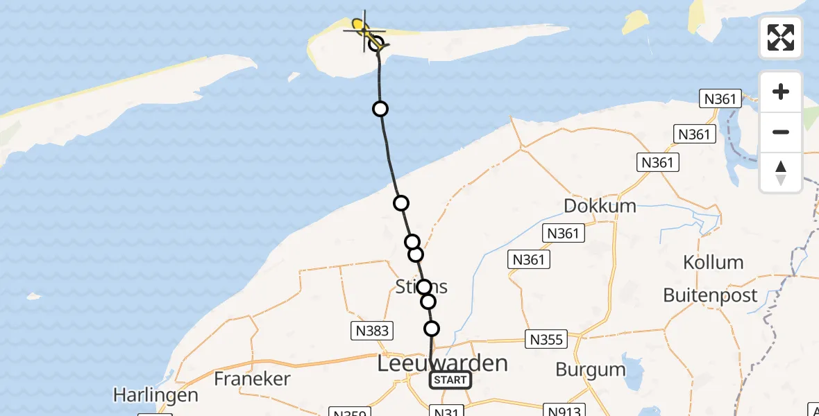 Routekaart van de vlucht: Ambulanceheli naar Ameland Airport Ballum, Julianalaan