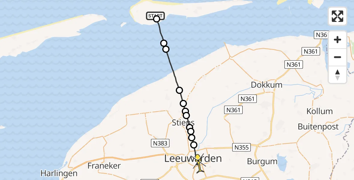 Routekaart van de vlucht: Ambulancehelikopter naar Leeuwarden, Uitwatering