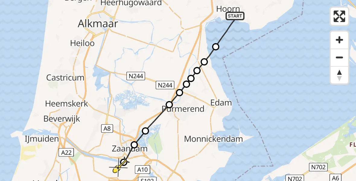 Routekaart van de vlucht: Lifeliner 1 naar Amsterdam Heliport, De Schelphoek