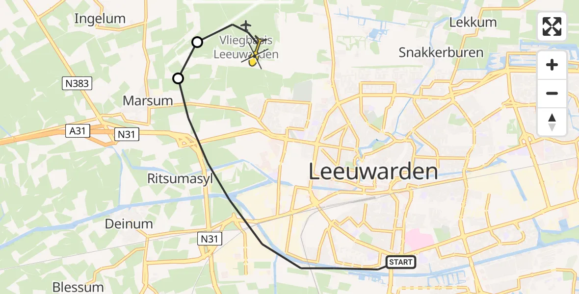 Vluchtroute Ambulancehelikopter van Leeuwarden naar Vliegbasis Leeuwarden