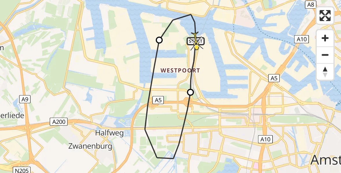 Routekaart van de vlucht: Lifeliner 1 naar Amsterdam Heliport, Nieuw-Zeelandweg