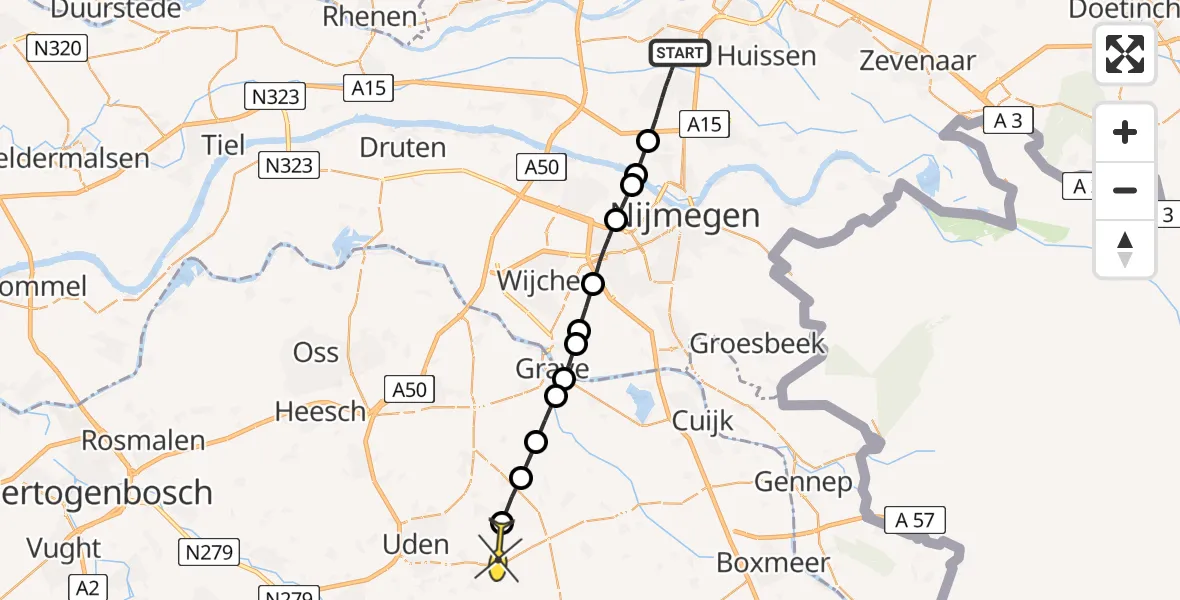 Routekaart van de vlucht: Lifeliner 3 naar Vliegbasis Volkel, 1e Weteringsewal