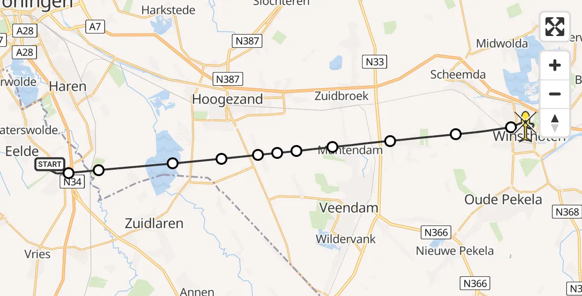 Routekaart van de vlucht: Lifeliner 4 naar Winschoten, Burgemeester J.G. Legroweg