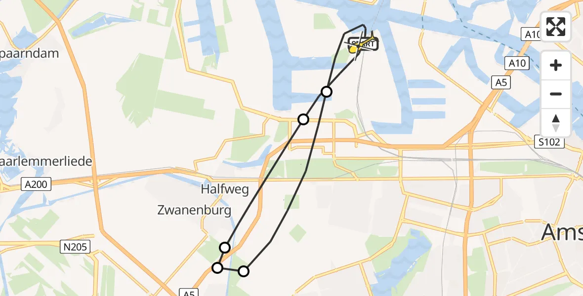 Routekaart van de vlucht: Lifeliner 1 naar Amsterdam Heliport, Westpoort