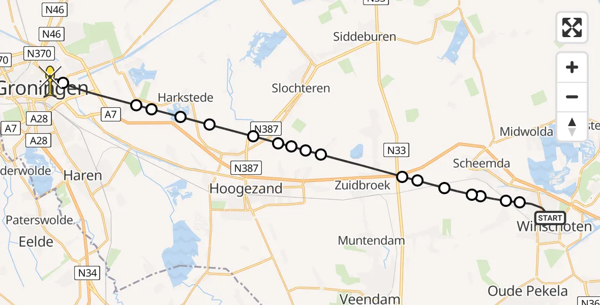 Routekaart van de vlucht: Lifeliner 4 naar Universitair Medisch Centrum Groningen, Gasthuislaan