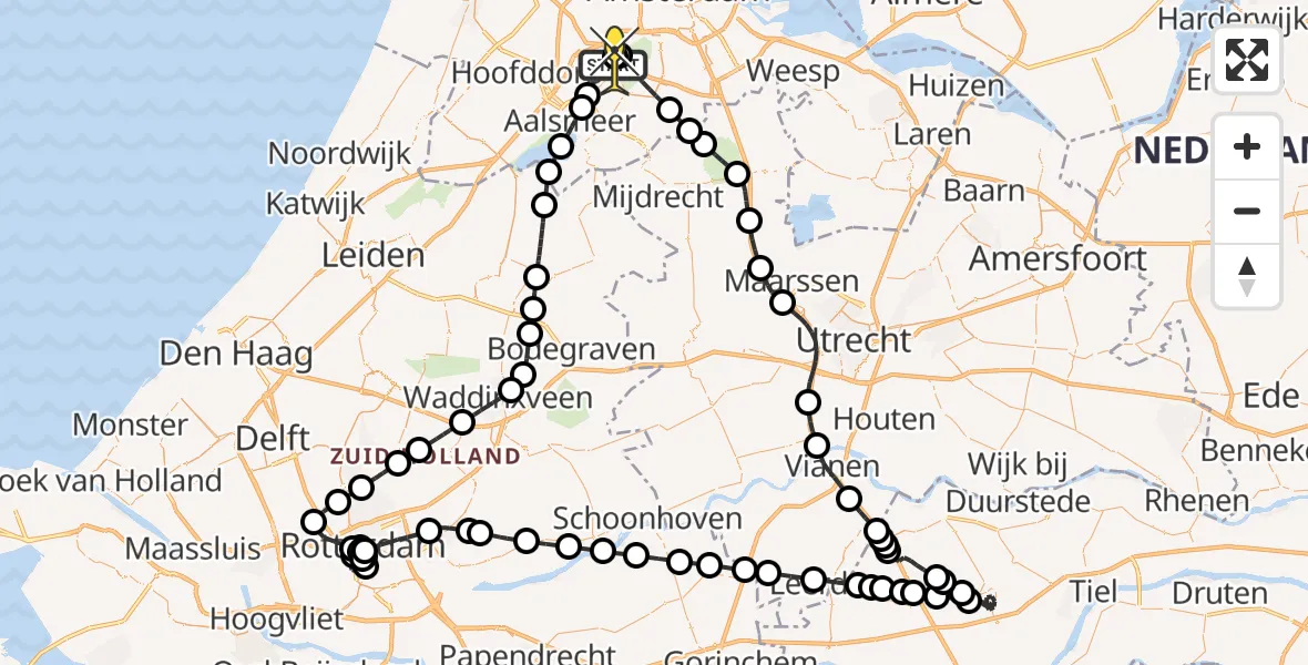 Routekaart van de vlucht: Politieheli naar Schiphol, Amsterdam-Bataviaweg