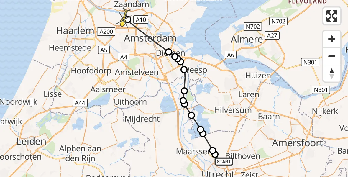 Routekaart van de vlucht: Lifeliner 1 naar Amsterdam Heliport, Gageldijk