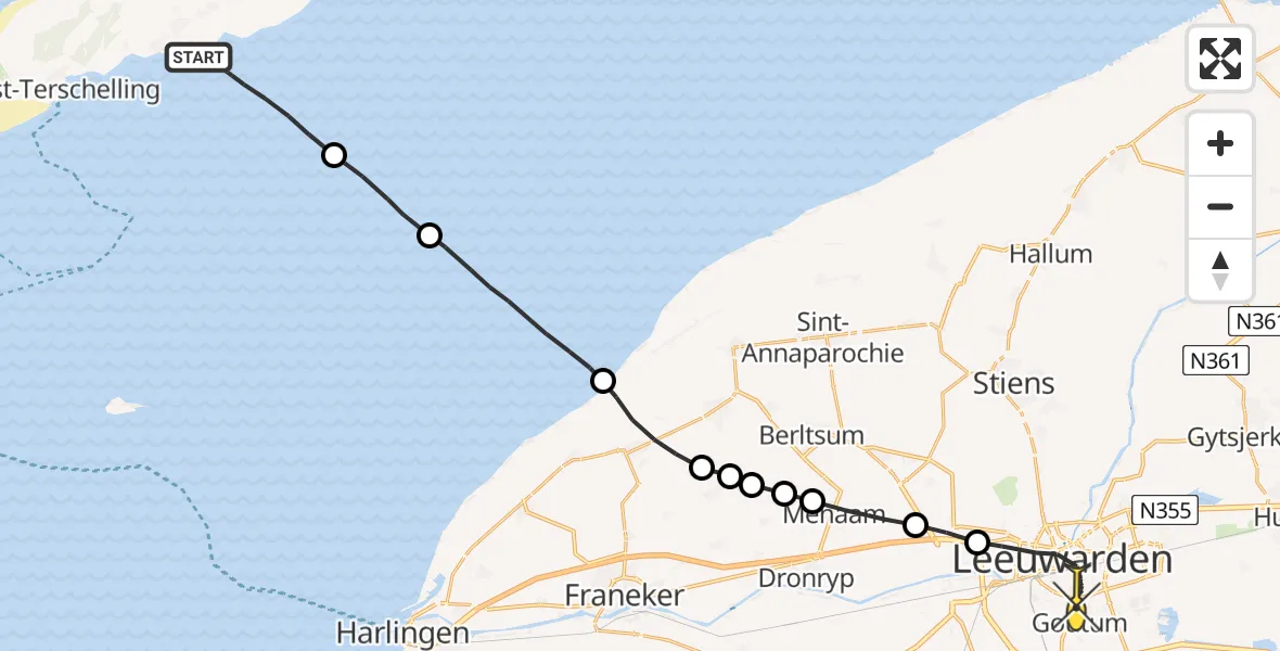 Routekaart van de vlucht: Ambulanceheli naar Leeuwarden, Oostergoweg