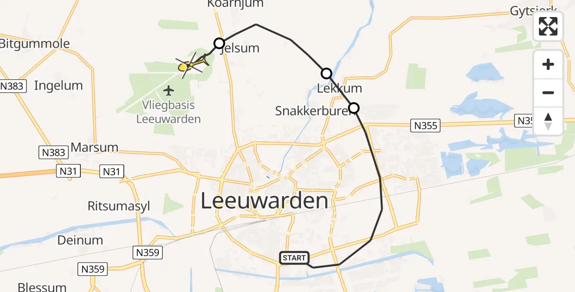 Vluchtroute Ambulancehelikopter van Leeuwarden naar Vliegbasis Leeuwarden