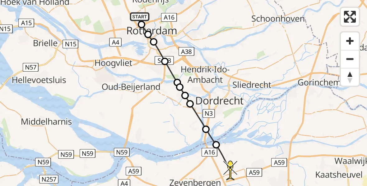 Routekaart van de vlucht: Lifeliner 2 naar Zevenbergschen Hoek, Zestienhovensebaan