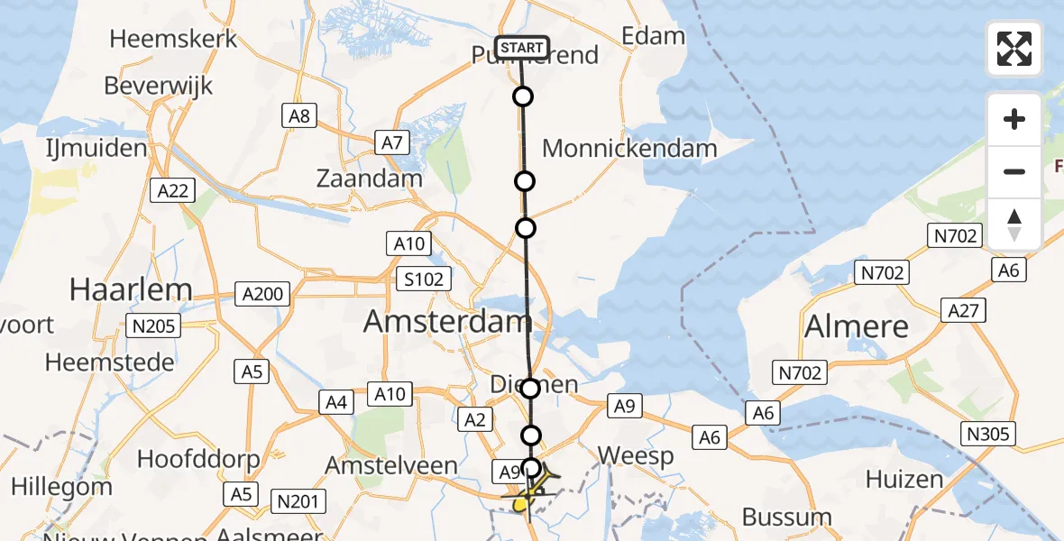 Routekaart van de vlucht: Lifeliner 1 naar Academisch Medisch Centrum (AMC), Boterbloem