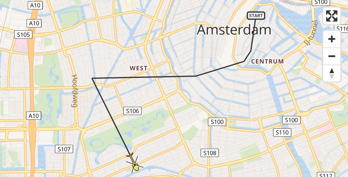 Routekaart van de vlucht: Politieheli naar Amsterdam, Leidsegracht